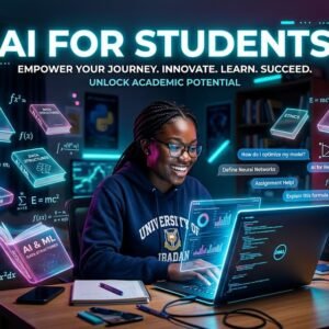 A futuristic smart student in a library with smart ai tools around her