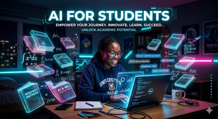 A futuristic smart student in a library with smart ai tools around her